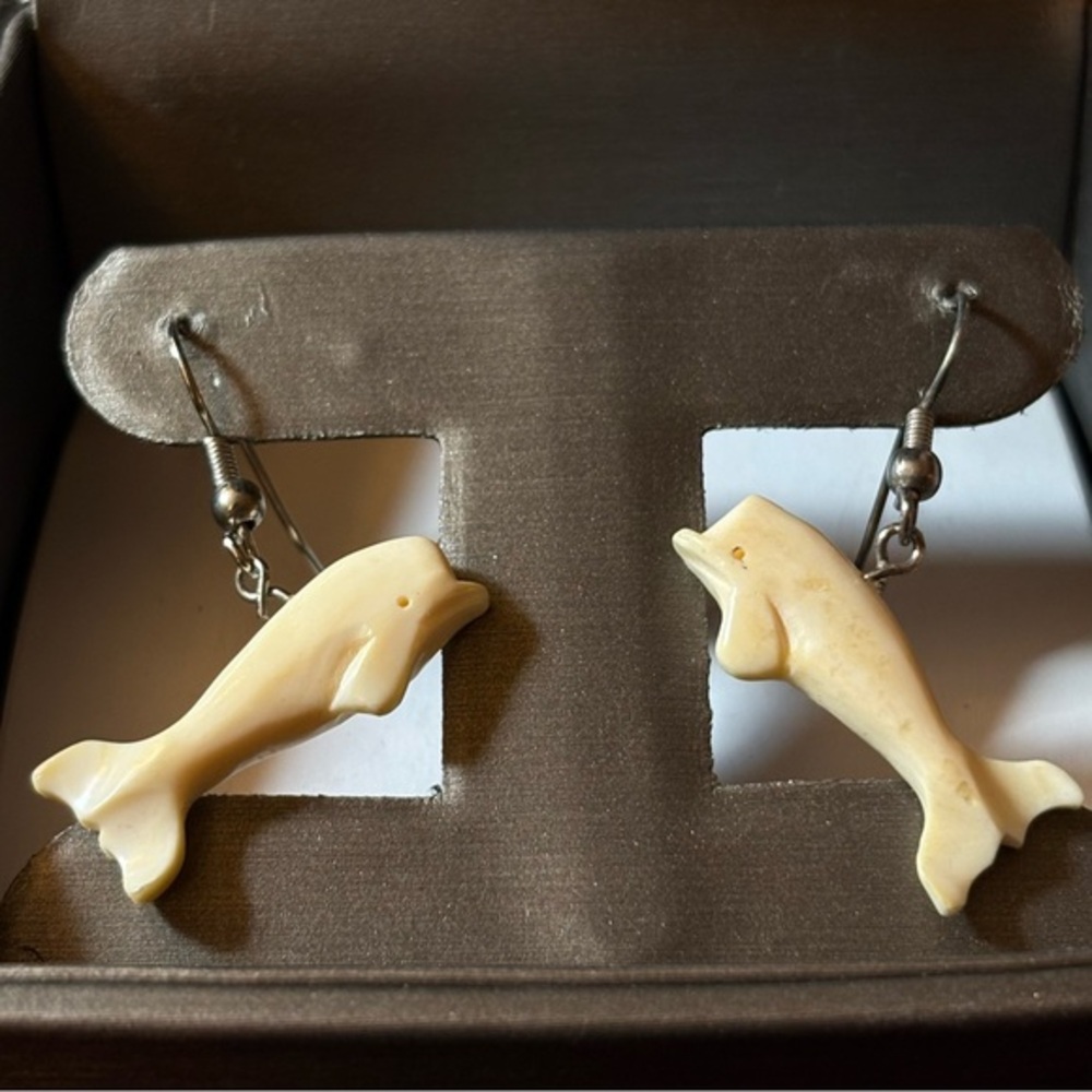 Carved Ivory Whale Earrings.